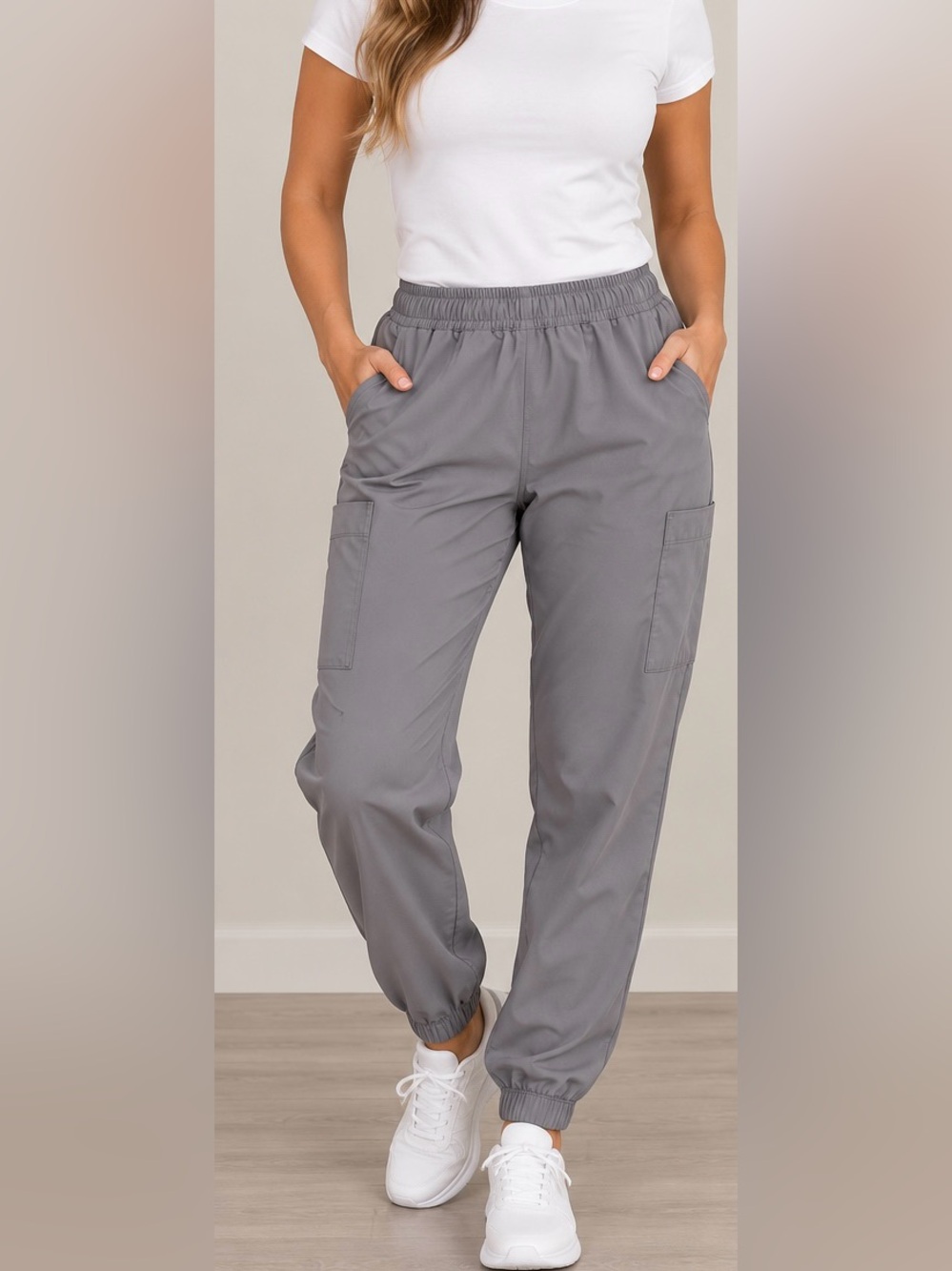 Women's Gray Cargo Jogger Scrub Pants with Elastic Waist